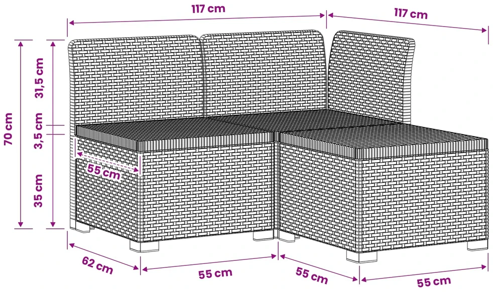 3- vietis Sodas Sofas Ratanas PP Balta