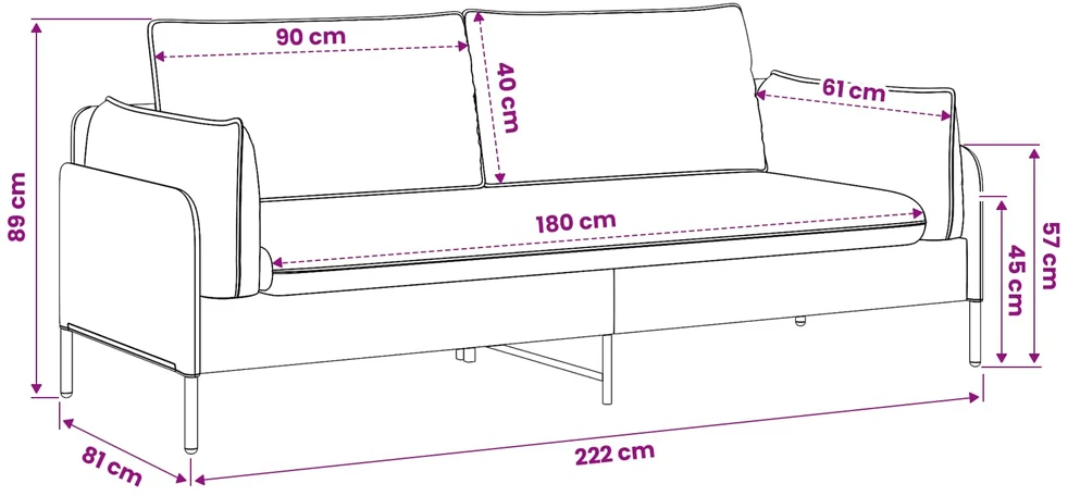 3-Vietis Sofa 3 vietos Vyno raudona 222 x 81 x 89 cm Aksomas