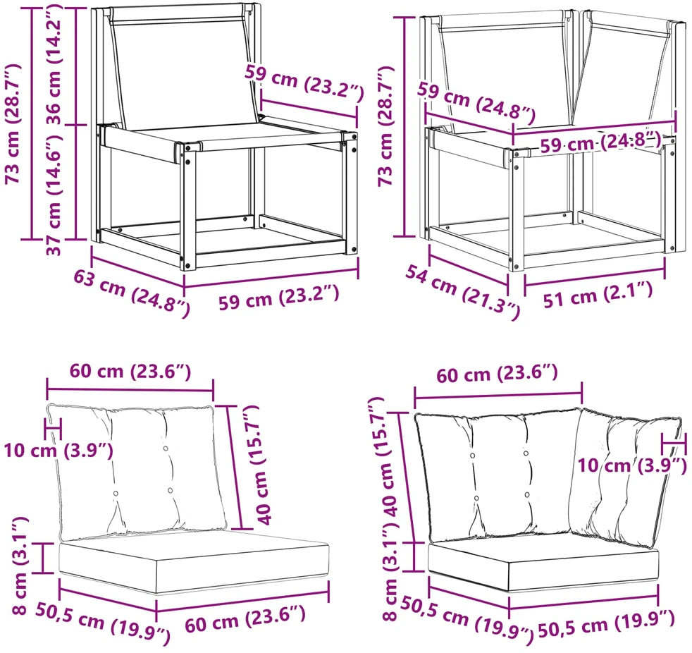 3 vnt. Lauko vidurinė ir kampinė sofa Natūrali