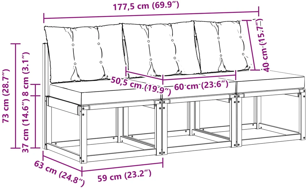 3 vnt. Lauko vidurinė sofa Kietas akacijos medis ir tekstilenas
