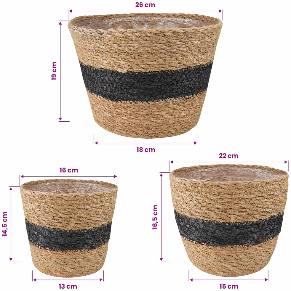 Plant Pot 3 vnt. Natūrali ir juoda Ø26 x 19 cm 100% Jūros žolė