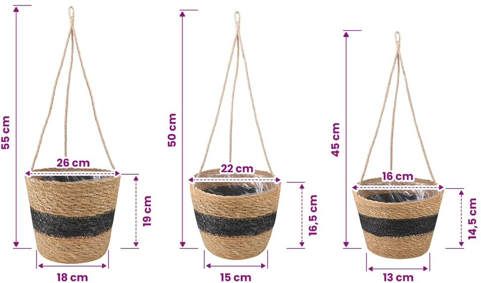 Hanging Plant Pot 3 vnt. Natūrali ir juoda Ø26 x 19 cm