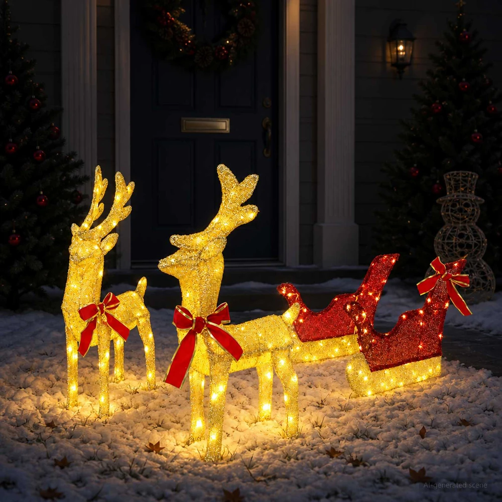 3D kalėdinis elnias su rogėmis LOVIISA 3 vnt. 160 LED