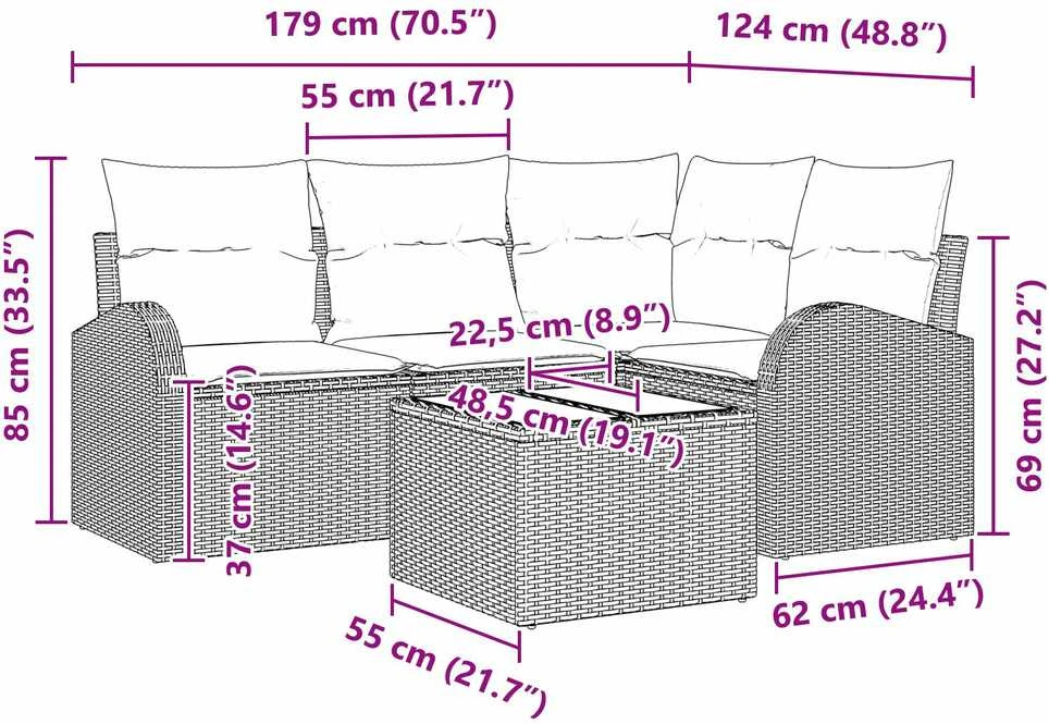 Lauko baldų komplektas Sodo Sofų Rinkinys 5 pcs Juoda poliratanas