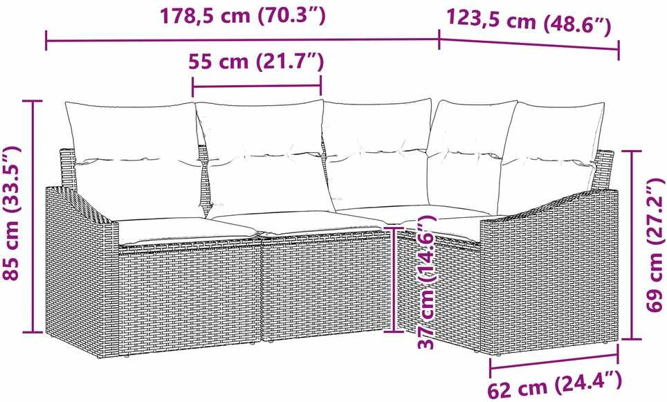 Lauko baldų komplektas Sofos komplektas su pagalve 4 pcs Juoda poliratanas