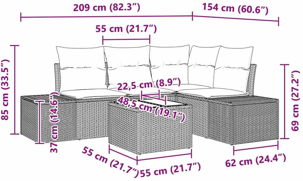 Lauko baldų komplektas Sodo Sofų Rinkinys 5 pcs Juoda poliratanas