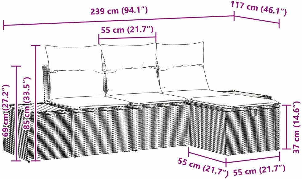 Lauko baldų komplektas Sodo Sofų Rinkinys 4 vnt. Pilka poliratanas