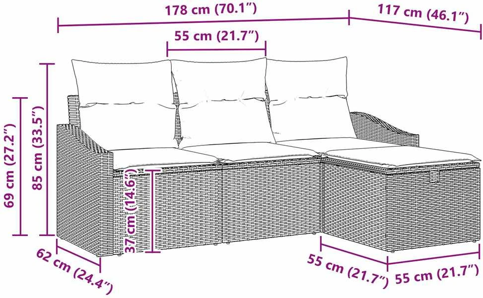 Lauko baldų komplektas Sofos komplektas 4 vnt. Juoda poliratanas