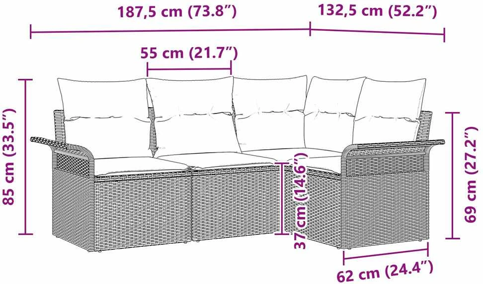 Lauko baldų komplektas Sodo Sofų Rinkinys su pagalve 4 pcs Juoda poliratanas
