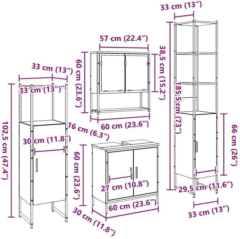 Vonios baldų rinkinys 4 vnt. Ruda 33 x 33 x 185,5 cm