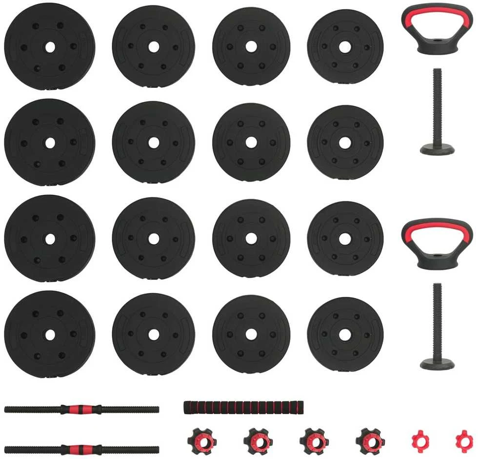 4-in-1 svorių rinkinys: hantelis, štanga, kestutis 30 kg