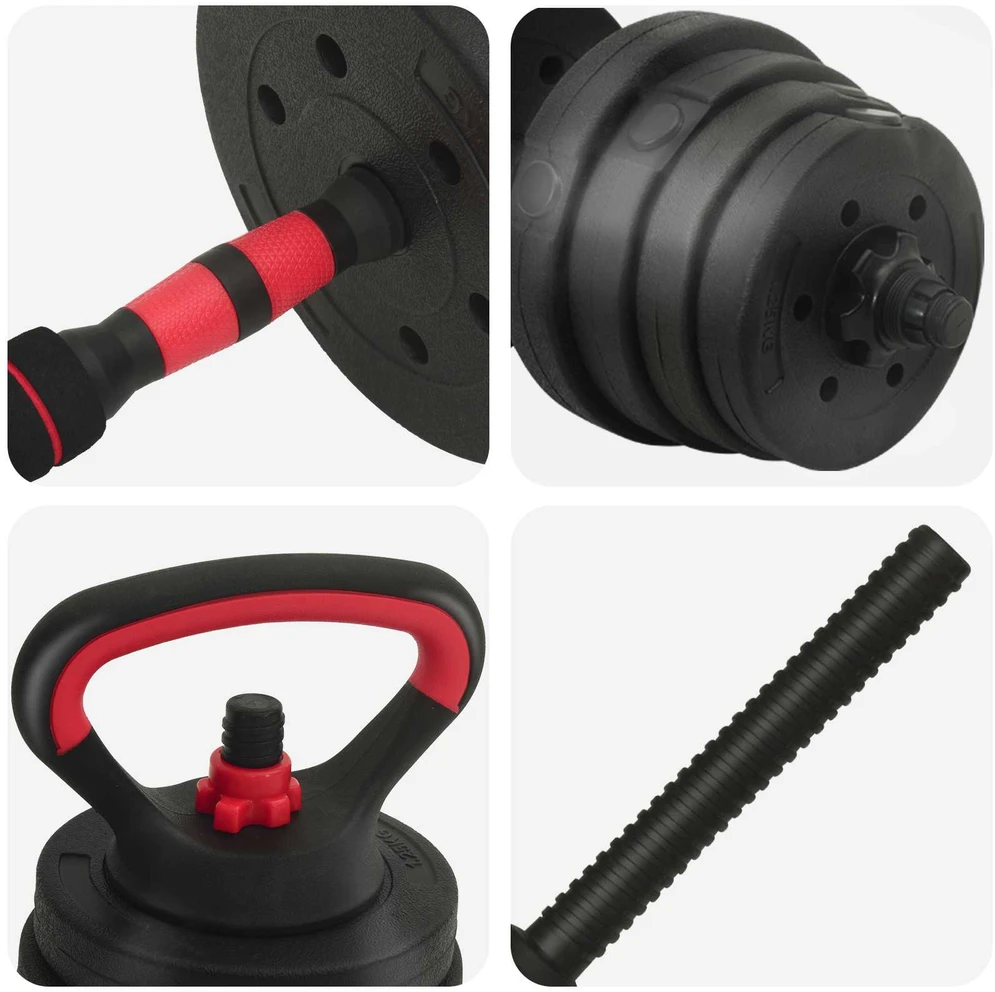 4-in-1 svorių rinkinys: hantelis, štanga, kestutis 30 kg