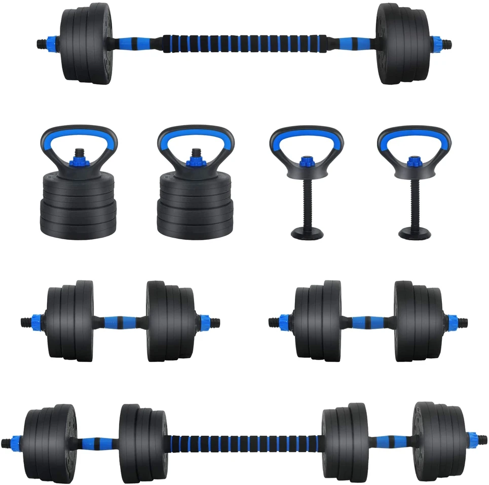 4-in-1 svorių rinkinys: hantelis, štanga, kestutis 20 kg