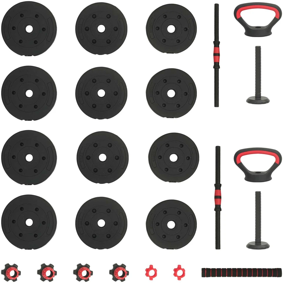 4-in-1 svorių rinkinys: hantelis, štanga, kestutis 20 kg