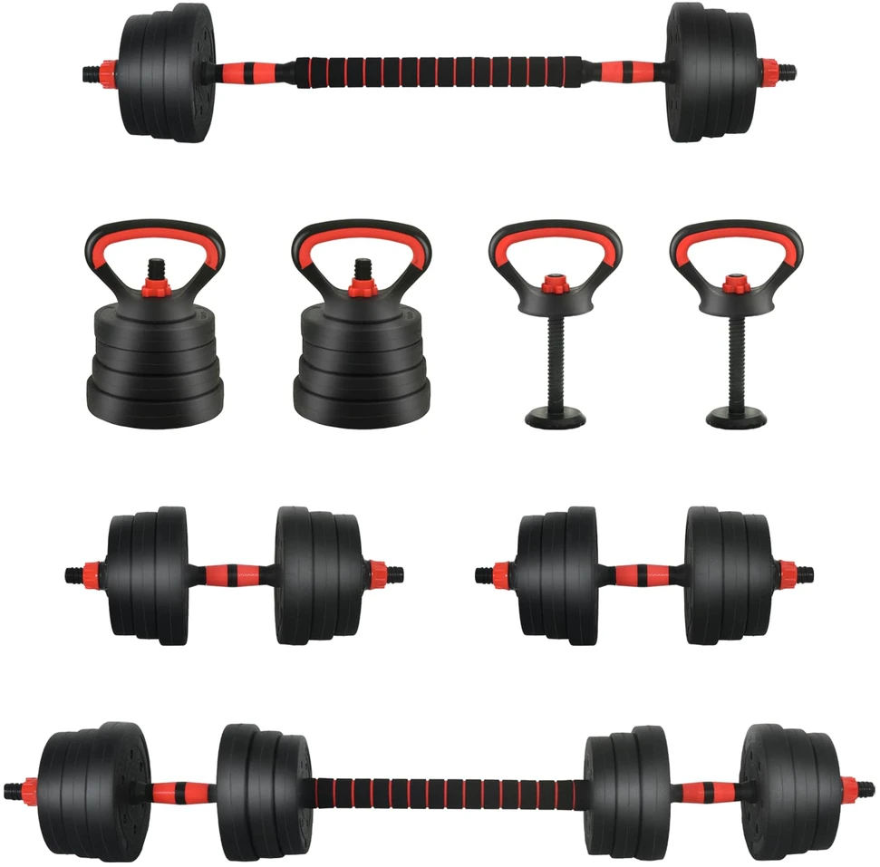 4-in-1 svorių rinkinys: hantelis, štanga, kestutis 20 kg
