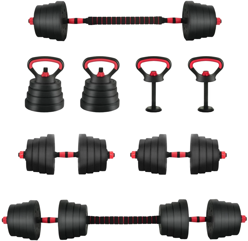 4-in-1 svorių rinkinys: hantelis, štanga, kestutis 30 kg