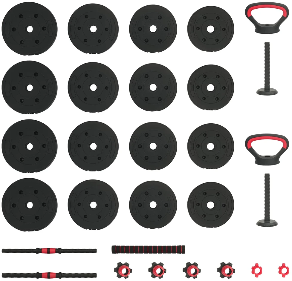 4-in-1 svorių rinkinys: hantelis, štanga, kestutis 30 kg