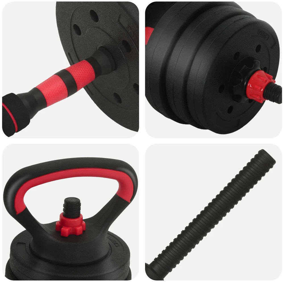 4-in-1 svorių rinkinys: hantelis, štanga, kestutis 20 kg