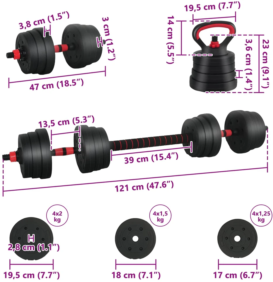 4-in-1 svorių rinkinys: hantelis, štanga, kestutis 20 kg