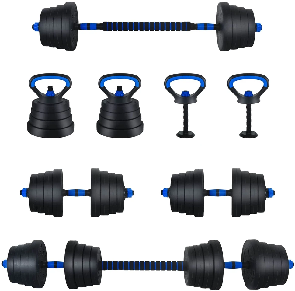 4-in-1 svorių rinkinys: hantelis, štanga, kestutis 30 kg