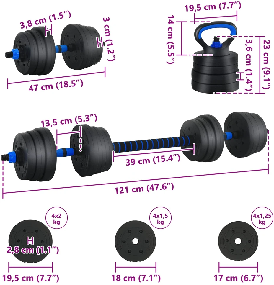 4-in-1 svorių rinkinys: hantelis, štanga, kestutis 20 kg