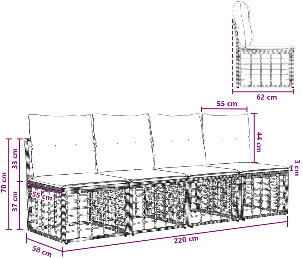 4 sėdimų vietų sodo sofa be rankų 4 vnt. 4-Vietų skaičius Juoda