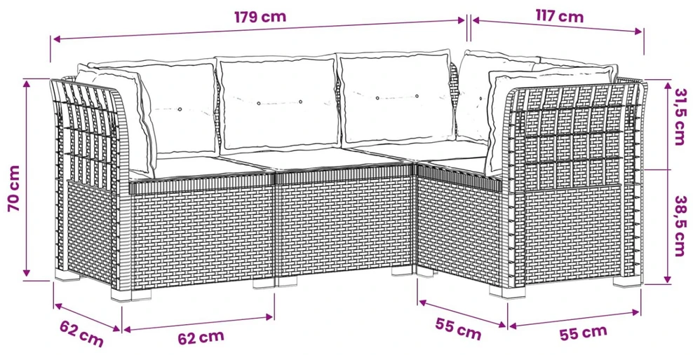 4-vietė Sodo Sofa Su Pagalvėlėmis Rattano Išvaizda PP Ruda
