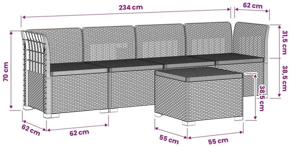 4 vietų sodo sofa pintinės išvaizdos PP Balta