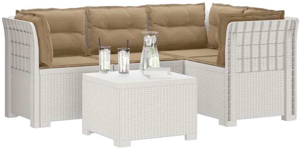 4 Vietų Sodo Sofa su Pagalvėlėmis Ratanų Imitacija PP Balta