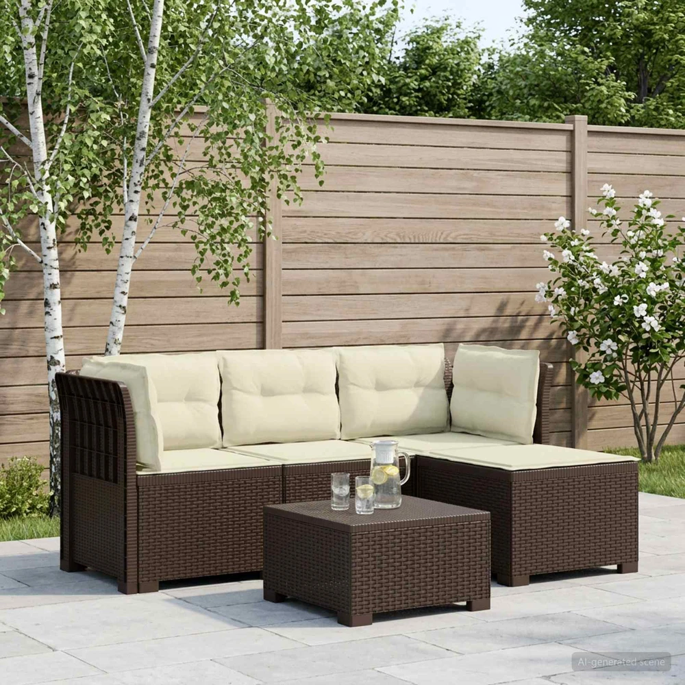 4 Vietų Sodo Sofa su Pagalvėlėmis Ratanų Imitacija PP Ruda