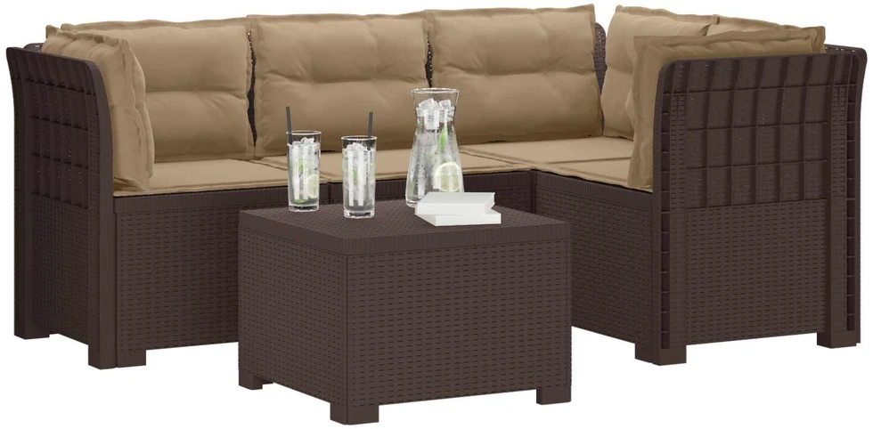 4 Vietų Sodo Sofa su Pagalvėlėmis Ratanų Imitacija PP Ruda