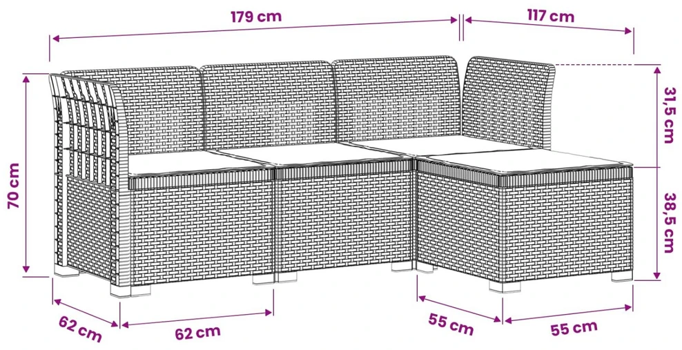 4 Vietų Sodo Sofa su Pagalvėlėmis Ratanų Imitacija PP Ruda