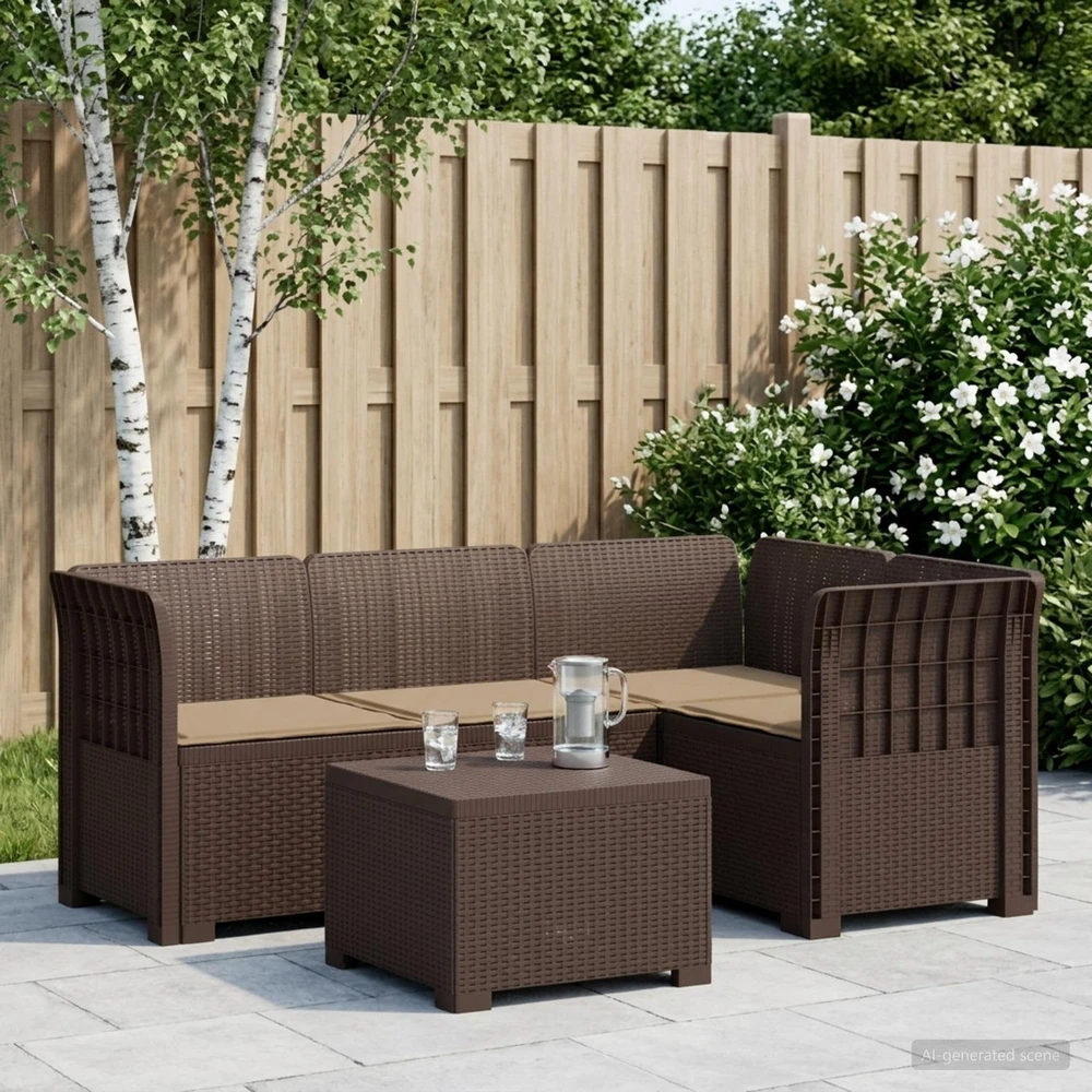 4 Vietų Sodo Sofa su Pagalvėlėmis Ratanų Imitacija PP Ruda