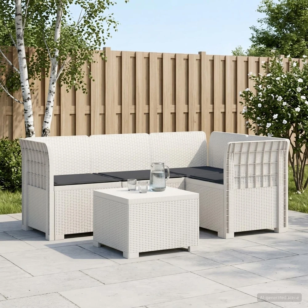 4 Vietų Sodo Sofa su Pagalvėlėmis Ratanų Imitacija PP Balta