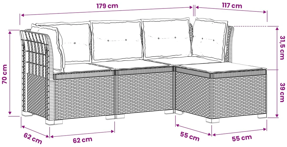 4 Vietų Sodo Sofa su Pagalvėlėmis Ratanų Imitacija PP
