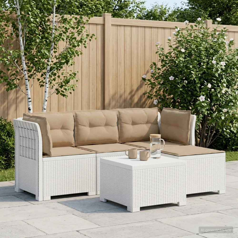 4 Vietų Sodo Sofa su Pagalvėlėmis Ratanų Imitacija PP Balta