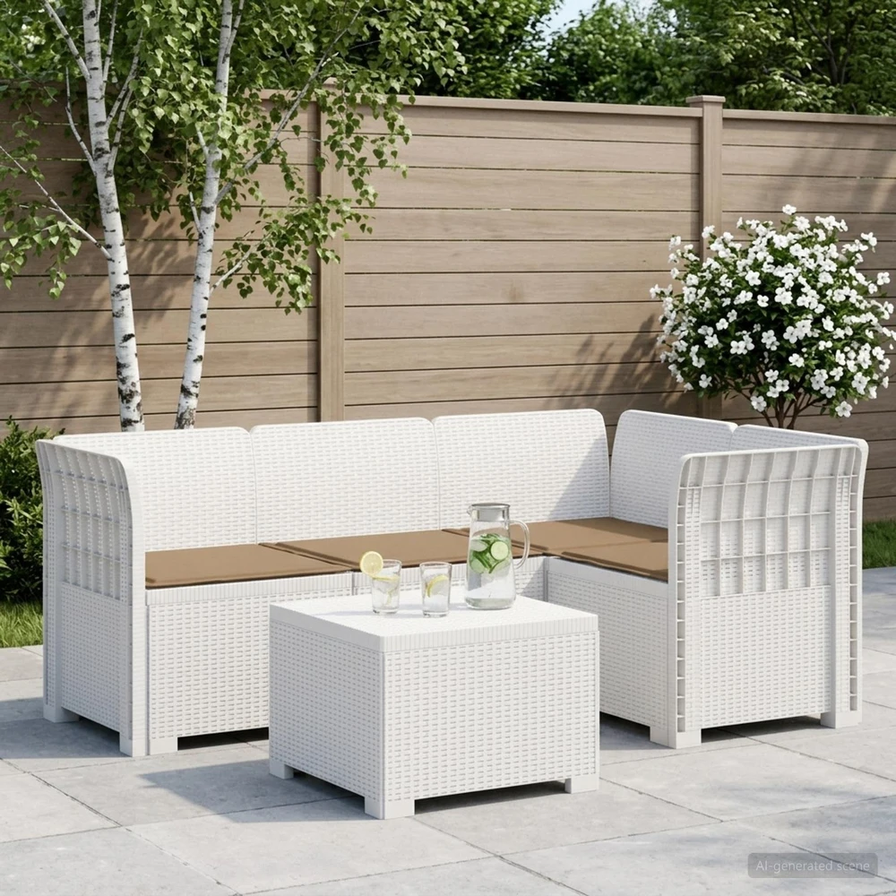 4 Vietų Sodo Sofa su Pagalvėlėmis Ratanų Imitacija PP Balta