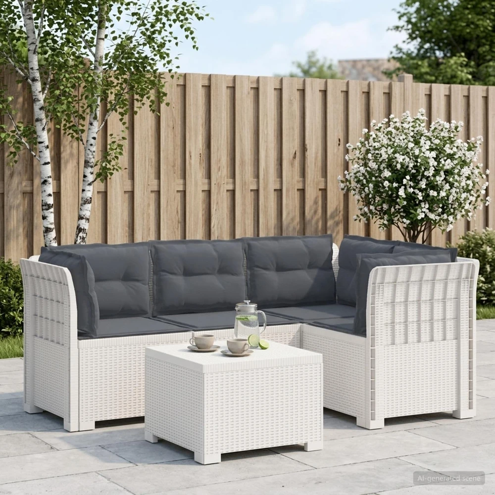 4 Vietų Sodo Sofa su Pagalvėlėmis Ratanų Imitacija PP Balta