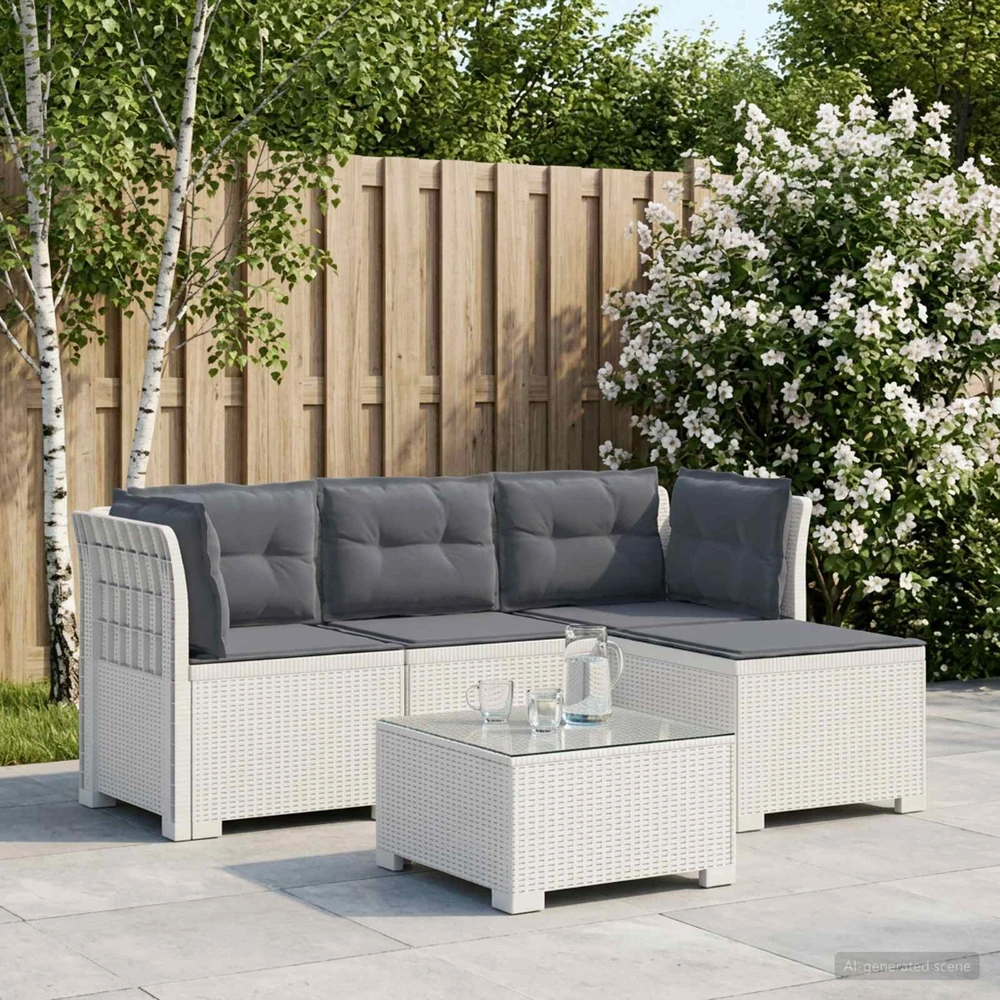 4 Vietų Sodo Sofa su Pagalvėlėmis Ratanų Imitacija PP Balta