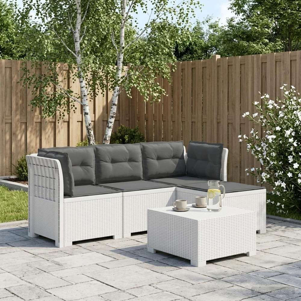 4 Vietų Sodo Sofa su Pagalvėlėmis Ratanų Imitacija PP Balta