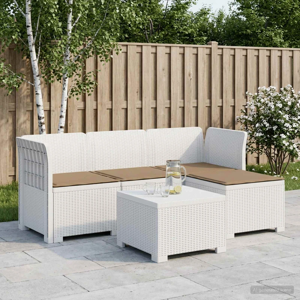 4 Vietų Sodo Sofa su Pagalvėlėmis Ratanų Imitacija PP Balta