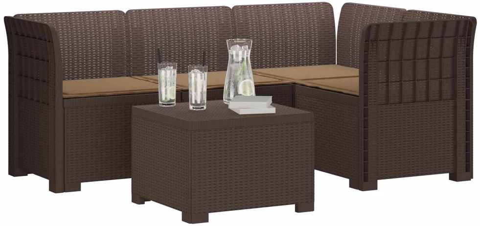 4 Vietų Sodo Sofa su Pagalvėlėmis Ratanų Imitacija PP Ruda