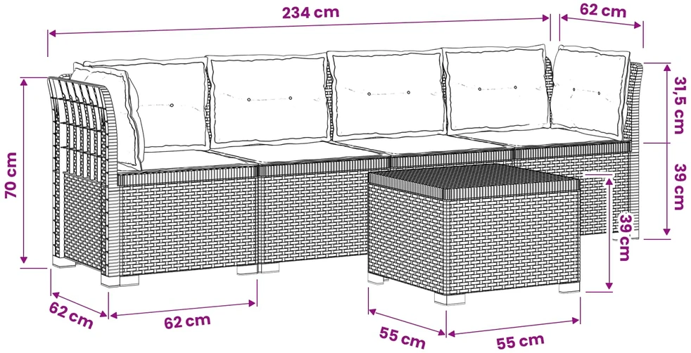4 vietų sodo sofa su pagalvėmis pintinės išvaizdos PP Antracito