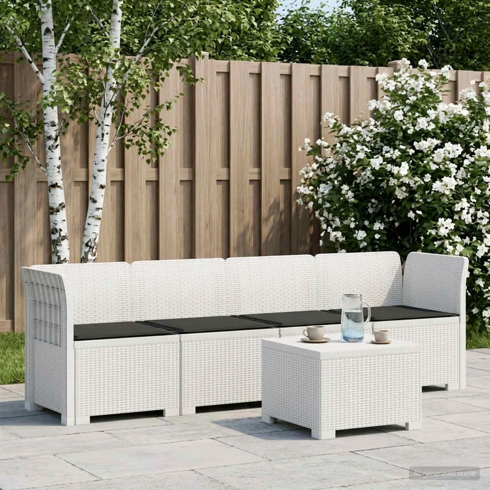 4 vietų sodo sofa su pagalvėmis pintinės išvaizdos PP Balta