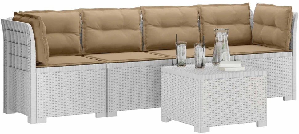 4 vietų sodo sofa su pagalvėmis pintinės išvaizdos PP Balta