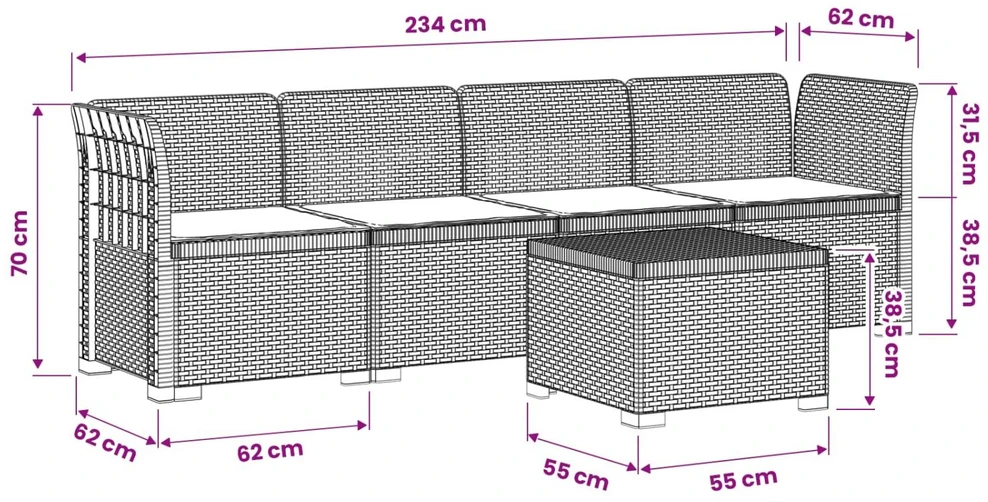 4 vietų sodo sofa su pagalvėmis pintinės išvaizdos PP Ruda