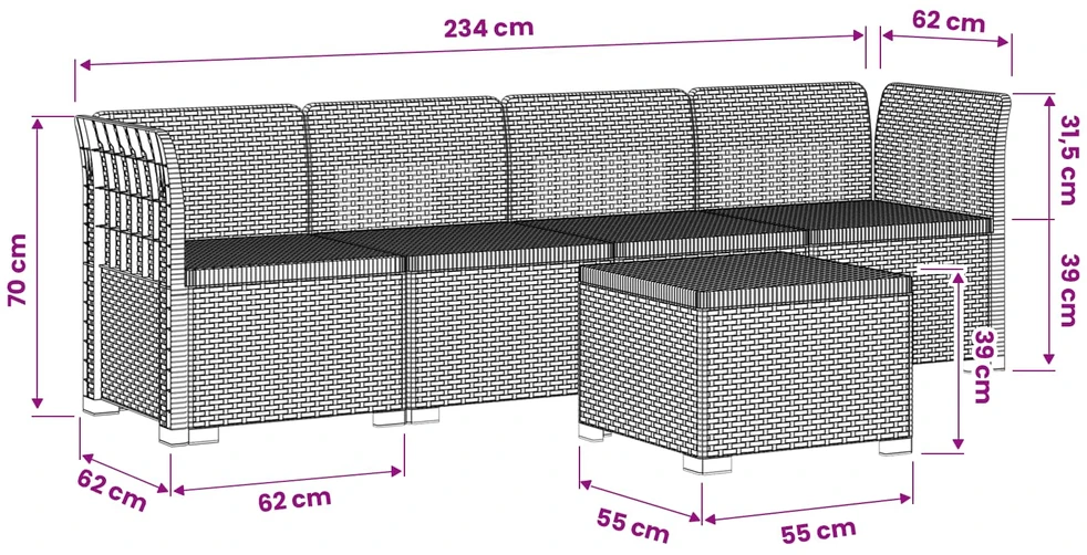 4 vietų sodo sofa su pagalvėmis pintinės išvaizdos PP Ruda