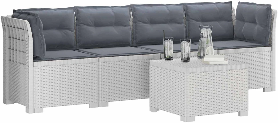 4 vietų sodo sofa su pagalvėmis pintinės išvaizdos PP Balta