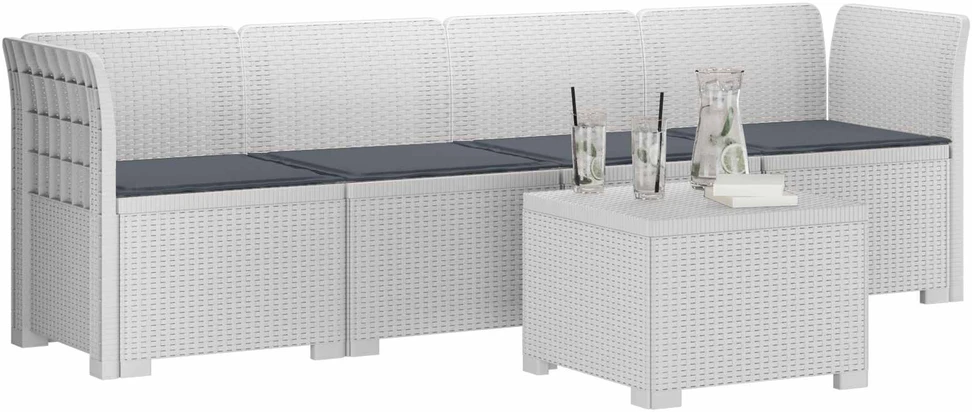 4 vietų sodo sofa su pagalvėmis pintinės išvaizdos PP Balta
