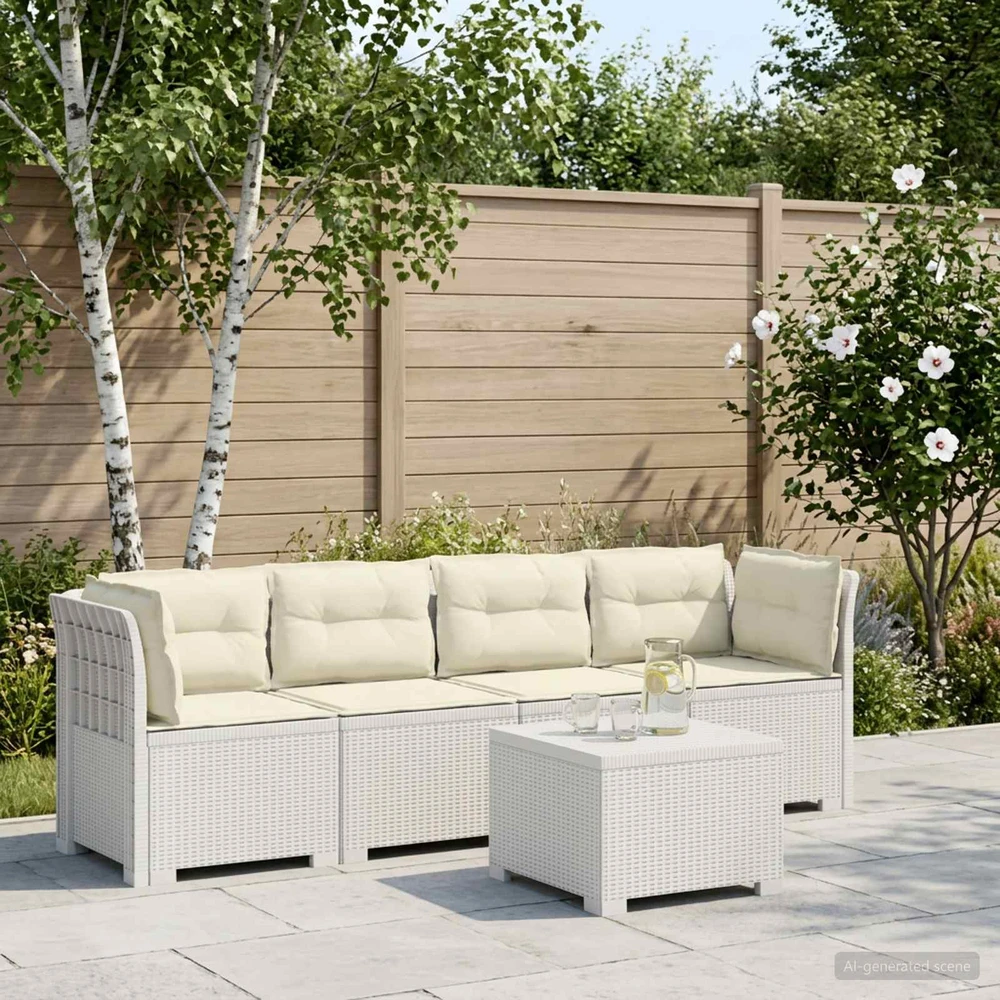 4 vietų sodo sofa su pagalvėmis pintinės išvaizdos PP Balta